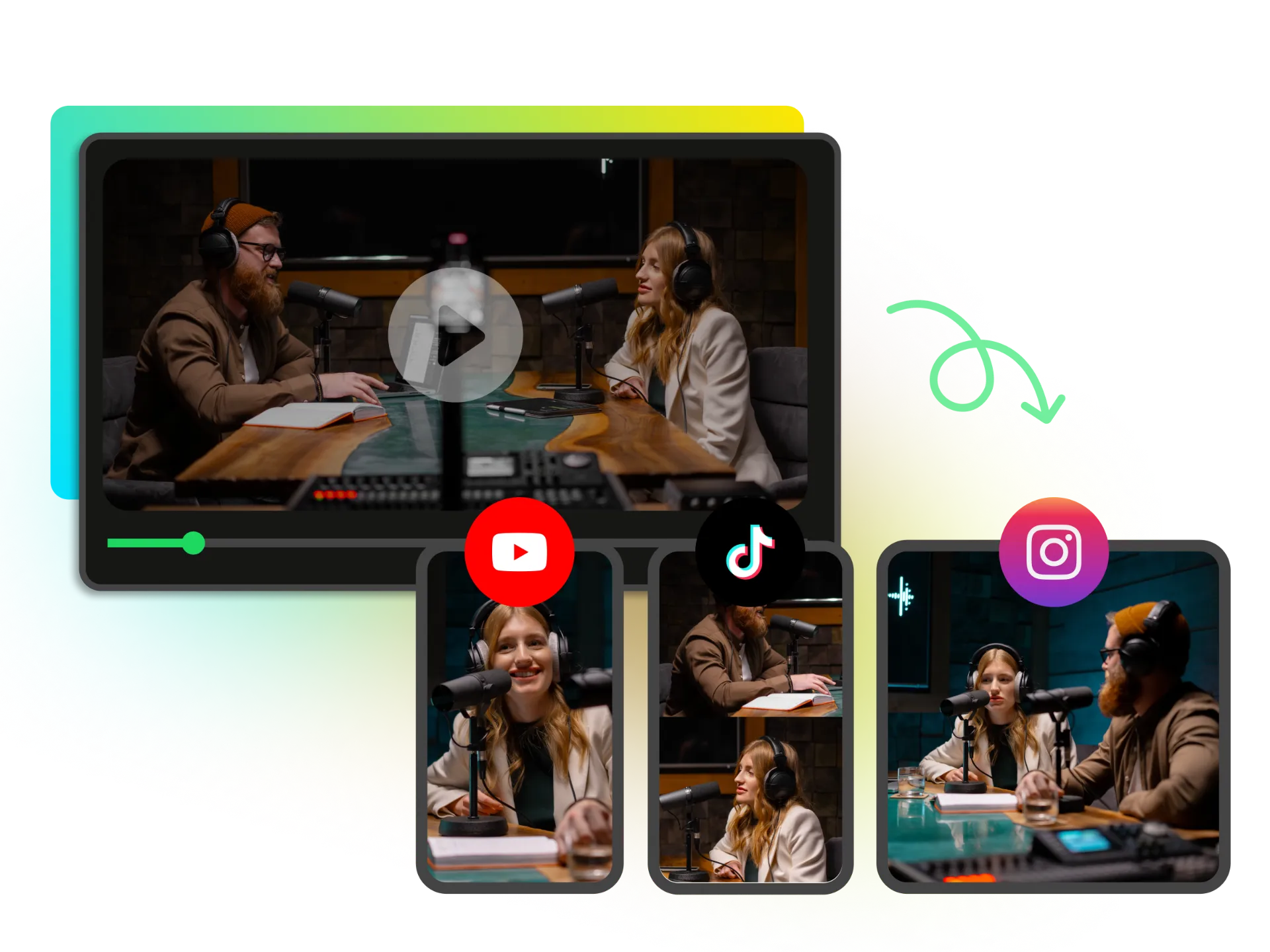 Multi-platform export interface showing Instagram Reels ready for posting with auto-generated captions and hashtags
